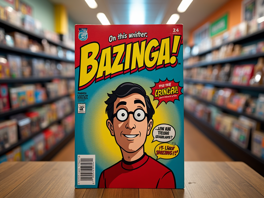 Комикс "BAZINGA!" с персонажем в красной рубашке на фоне магазина книг.